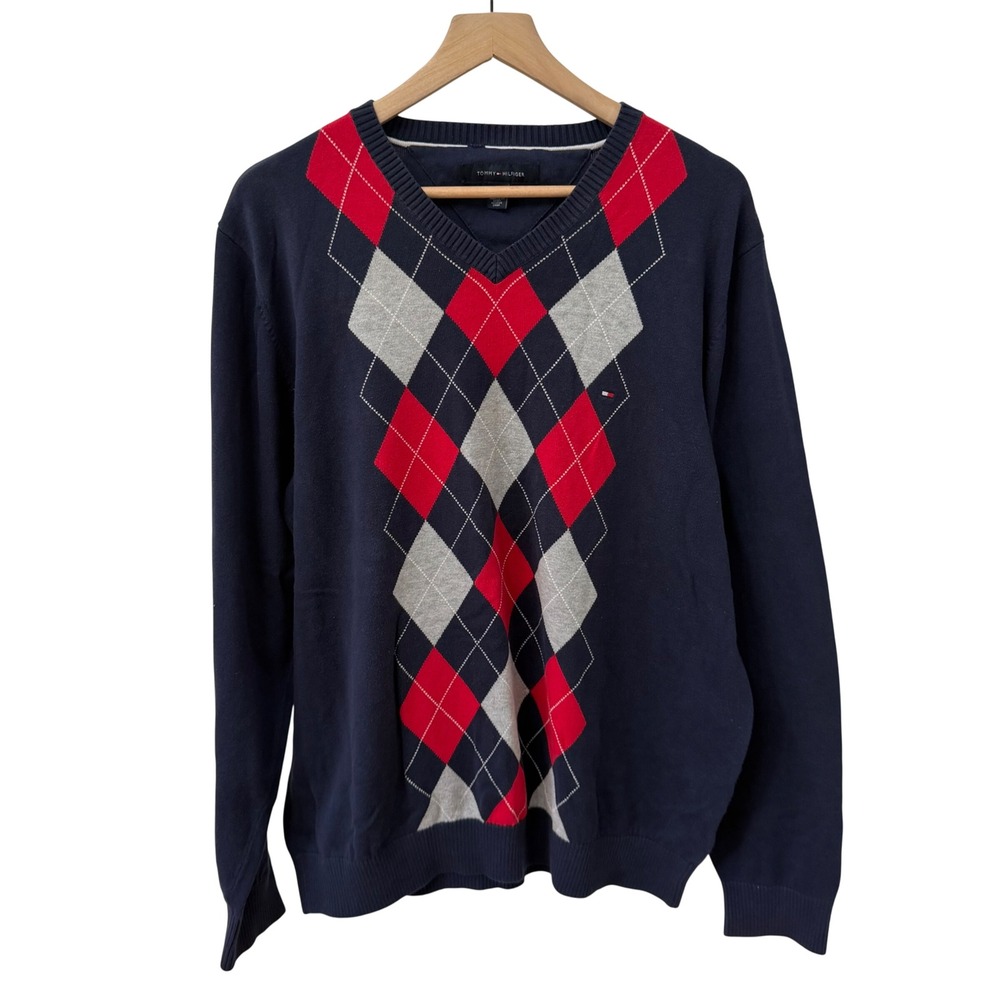 Tommy Hilfiger Sweater XL Navy Blue Argyle V-Neck Cotton Pullover
